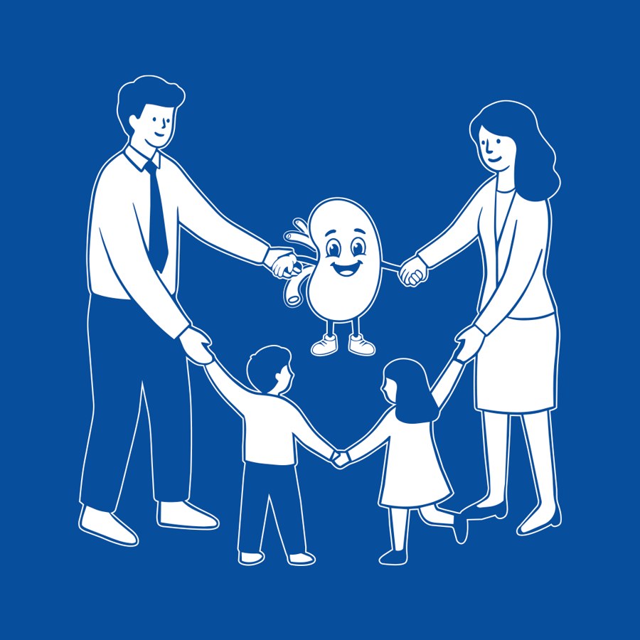 Ilustración de una familia tomada de la mano alrededor de un riñón — Programa Volver a Vivir, Clínica Ortega Huancayo
